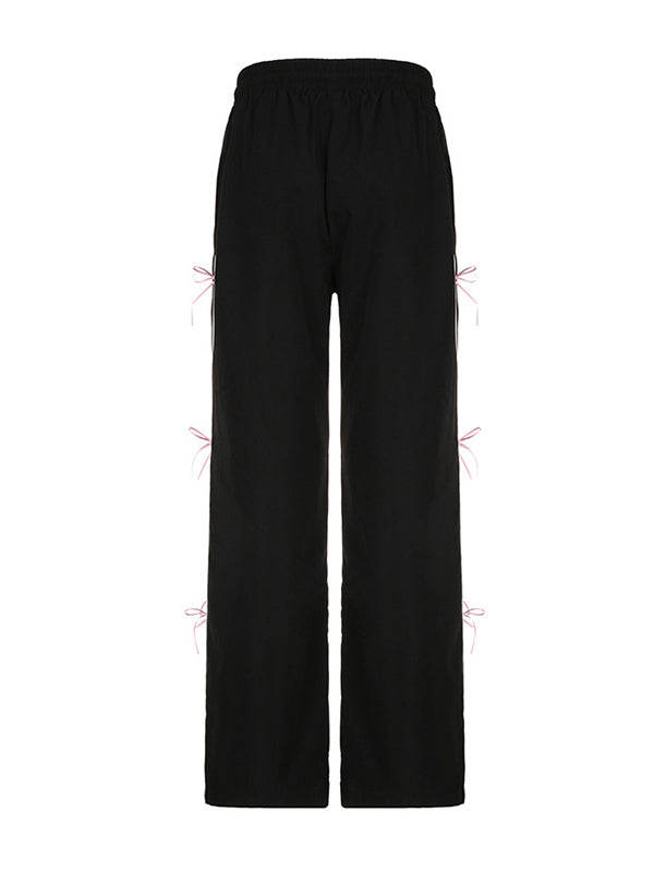 Loose Wide Leg Bowknot Drawstring Elasticity Split-Joint Pants Trousers
