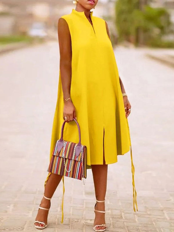 A-Line Sleeveless Solid Color Split-Joint Split-Side Streamer V-Neck Midi Dresses