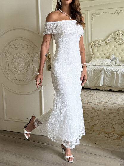 High Waisted Sleeveless Jacquard See-Through Solid Color Split-Joint Off-the-shoulder Maxi Dresses