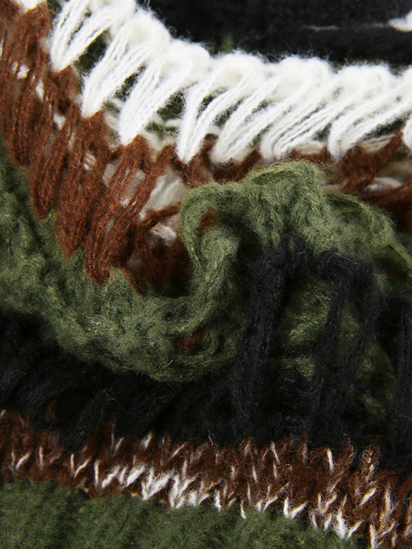 Long Sleeves Loose Drawstring Hollow Split-Joint Round-Neck Sweater Tops