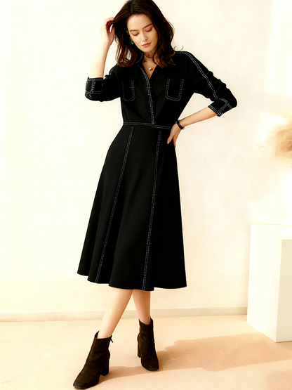 A-Line Elasticated Waist Contrast Color Line Split-Joint Lapel Midi Dresses