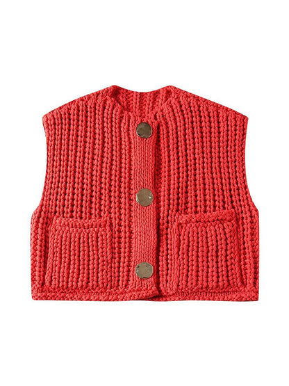 Sleeveless Buttoned Pockets Solid Color Cardigan Tops Knit Top