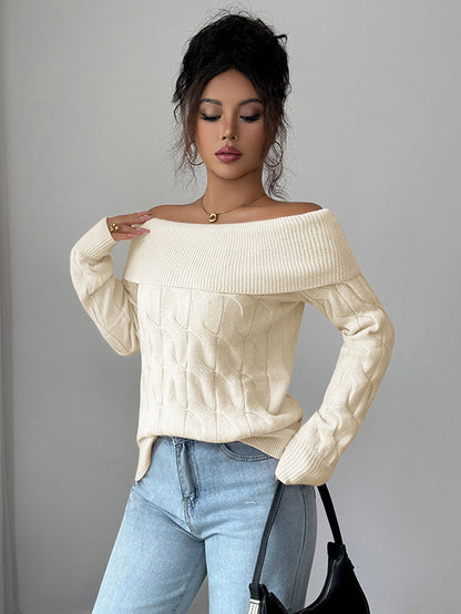 Long Sleeves Solid Color Split-Joint Off-The-Shoulder Pullovers Sweater Tops