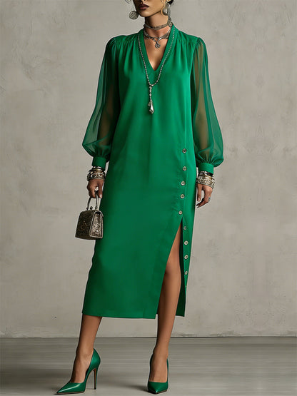 Long Sleeves Puff Sleeves Buttoned Pleated Pockets Solid Color Split-Side V-Neck Midi Dresses