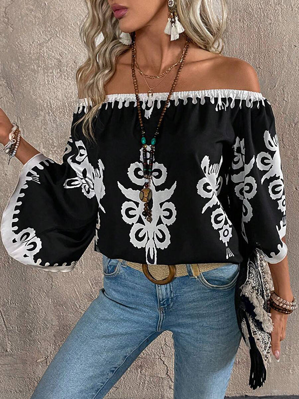 Long Sleeves Loose Elasticity Printed Off-The-Shoulder Blouses&Shirts Tops