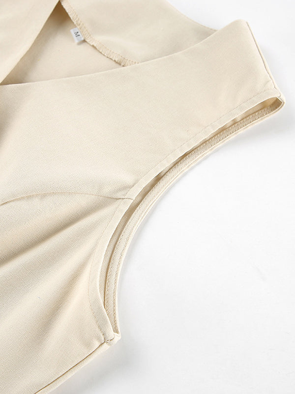 Solid Color Sleeveless Asymmetric Split-Joint  V-Neck Vest Tops +  Straight Leg Pants Suits Two Pieces Set