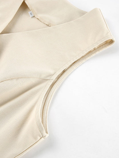Solid Color Sleeveless Asymmetric Split-Joint  V-Neck Vest Tops +  Straight Leg Pants Suits Two Pieces Set