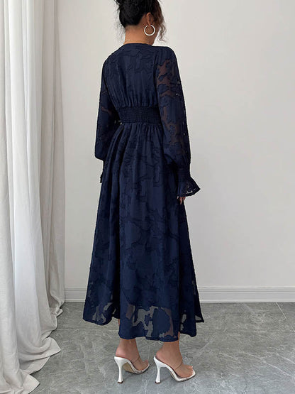 A-Line Elasticated Waist Jacquard Leaves Print Ruffled Solid Color Split-Joint Deep V-Neck Midi Dresses