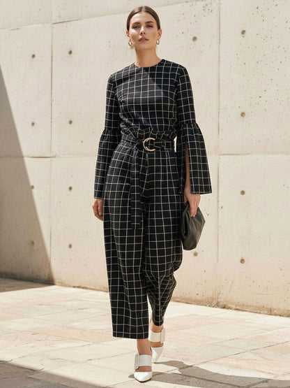 Elasticated Waist High Waisted Belted Contrast Color Split-Joint Pants