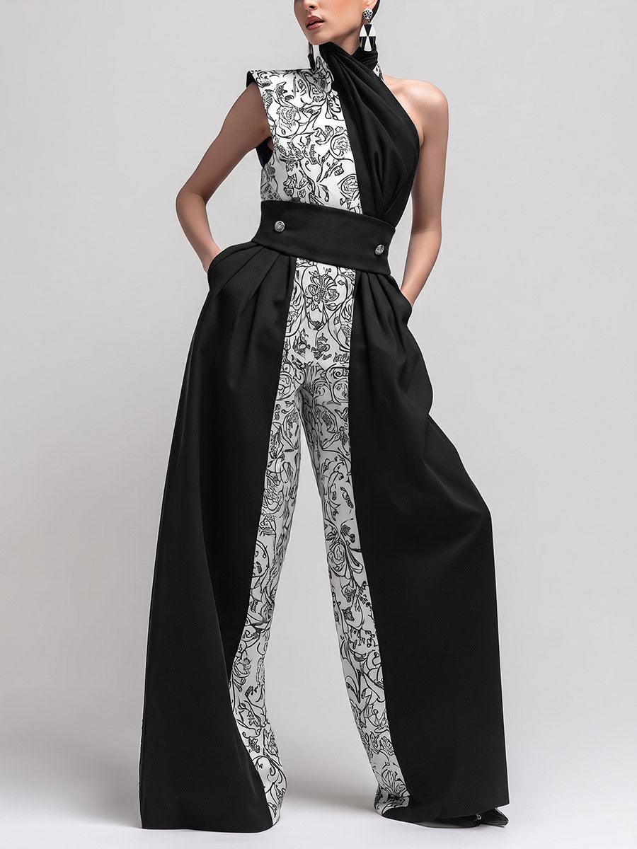 Split-Joint Pockets Pleated Flower Print Contrast Color Buttoned Wide Leg Sleeveless One-shoulder Jumpsuits