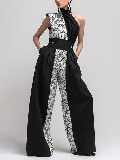 Split-Joint Pockets Pleated Flower Print Contrast Color Buttoned Wide Leg Sleeveless One-shoulder Jumpsuits