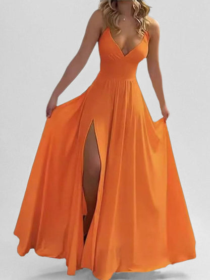 Bodycon High Waisted Pleated Solid Color Split-Joint Split-side Spaghetti-Neck Maxi Dresses