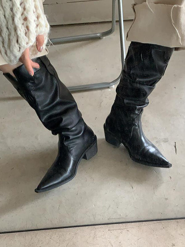 Chunky Shoes Pleated Pointed-Toe Solid Color Boots