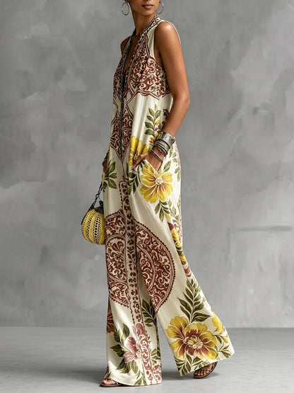 Loose Sleeveless Contrast Color Flower Print Pockets Deep V-Neck Jumpsuits