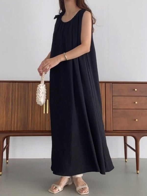 High Waisted Loose Pleated Solid Color Tied Round-Neck Maxi Dresses