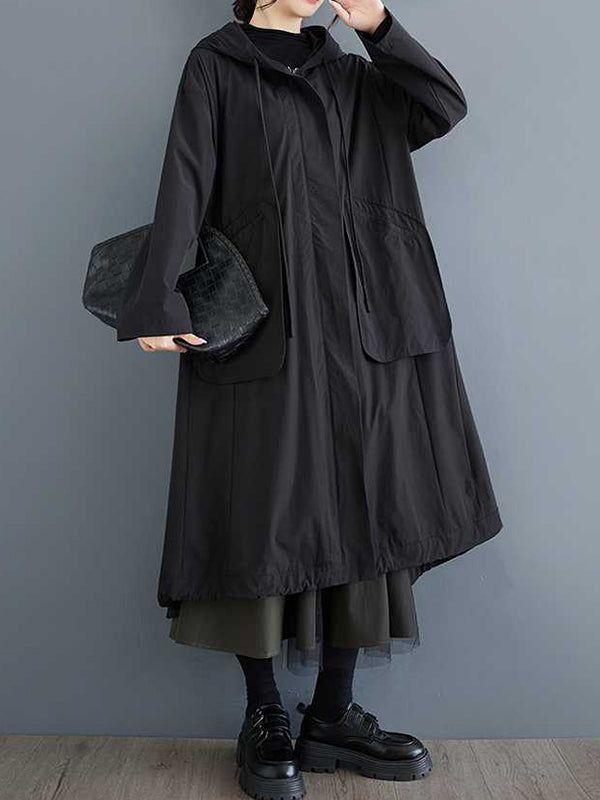Hooded Long Sleeves Drawstring Pockets Solid Color Split-Joint Zipper Outerwear Trench Coats