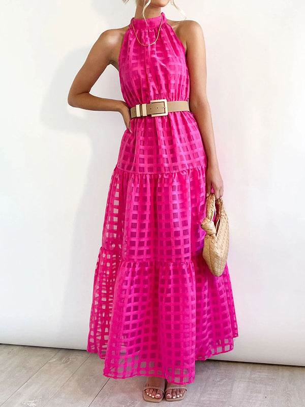 Loose Sleeveless Plaid Ribbed Stand Collar Maxi Dresses