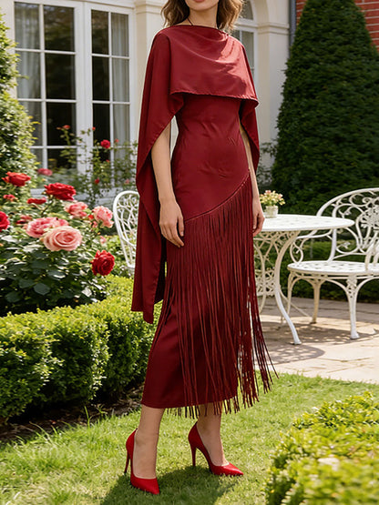 Cape High Waisted Solid Color Split-Joint Tasseled Scarf Collar Midi Dresses