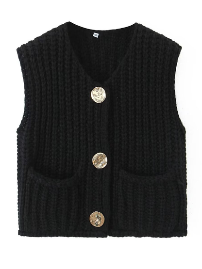Sleeveless Buttoned Pockets Solid Color Cardigan Tops Knit Top