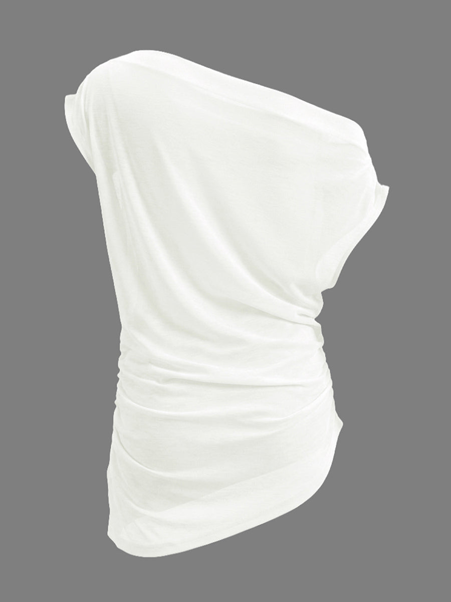 Loose Sleeveless Asymmetric Pleated Solid Color One-Shoulder Blouses&Shirts Tops