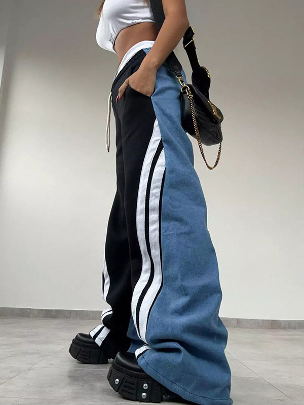 High Waisted Loose Drawstring Elasticity Pockets Denim Split-Joint Pants Trousers