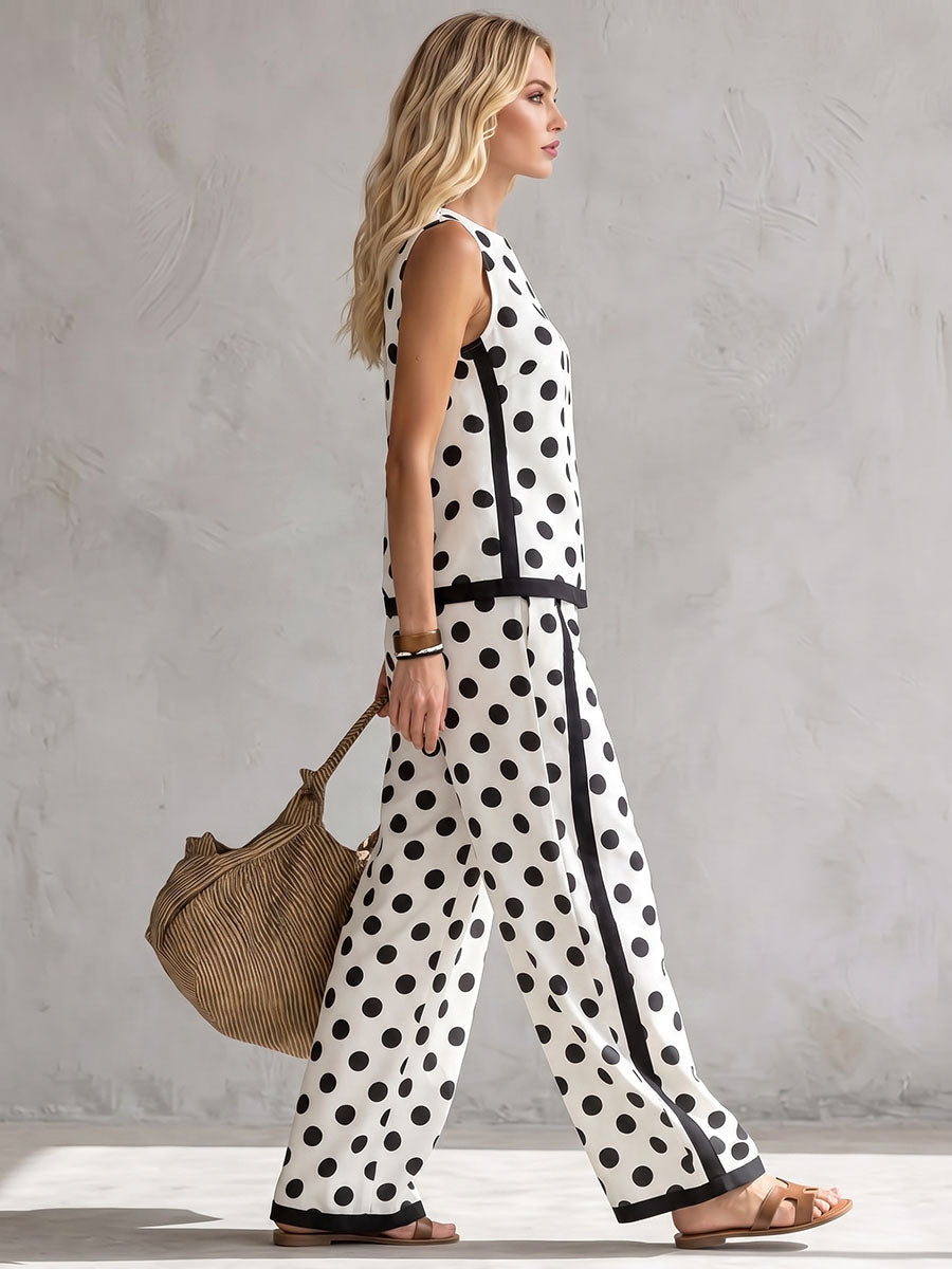 Loose Wide Leg Contrast Color Pockets Polka Dot Striped Pants Trousers