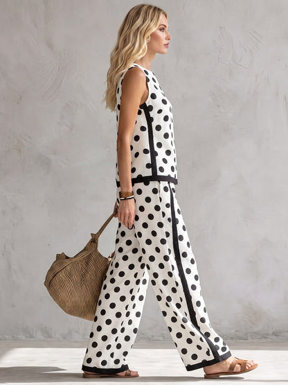 Loose Wide Leg Contrast Color Pockets Polka Dot Striped Pants Trousers