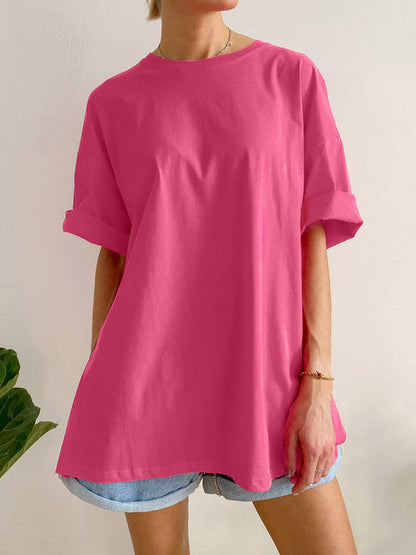 Loose Short Sleeves Solid Color Split-Side Round-Neck T-Shirts Tops