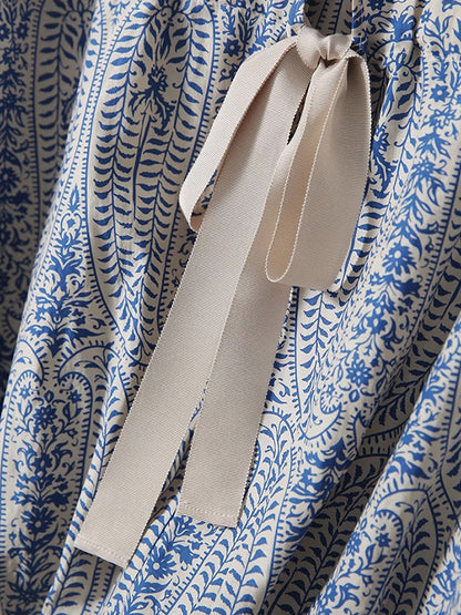 Batwing Sleeves Bow-Embellished Floral Printed Round-Neck Blouses&Shirts Tops