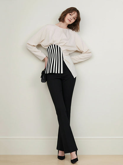 Irregularity Long Sleeves Asymmetric Pleated Split-Joint Striped Zipper Round-Neck Blouses&Shirts Tops