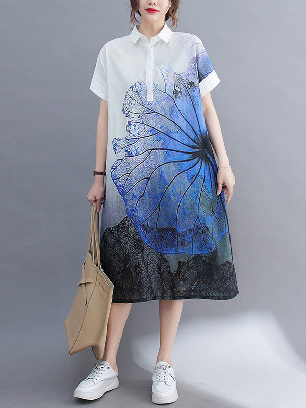 Loose Short Sleeves Buttoned Floral Printed Lapel Collar Midi Dresses Shirt Dress
