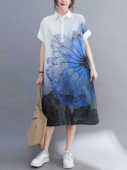 Loose Short Sleeves Buttoned Floral Printed Lapel Collar Midi Dresses Shirt Dress