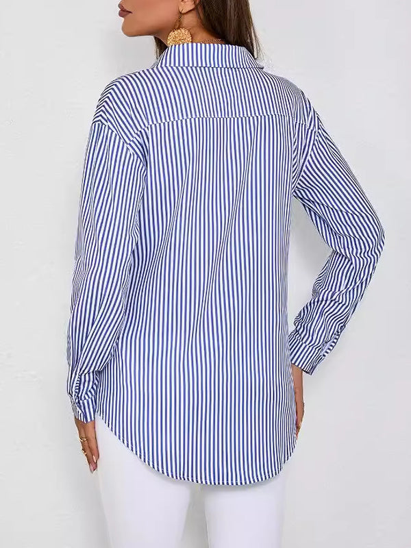 Long Sleeves Loose Split-Joint Striped Lapel Blouses