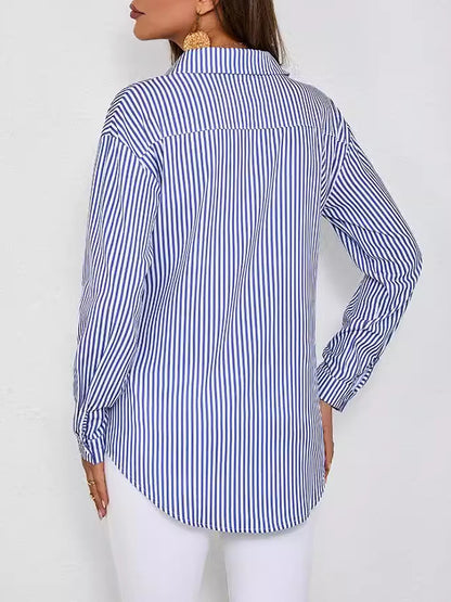 Long Sleeves Loose Split-Joint Striped Lapel Blouses