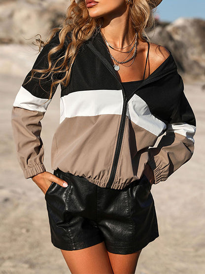 Long Sleeves Loose Contrast Color Elasticity Split-Joint Zipper Hooded Outerwear