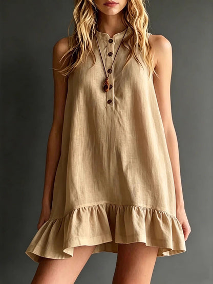 A-Line Loose Buttoned Pleated Solid Color Round-Neck Mini Dresses
