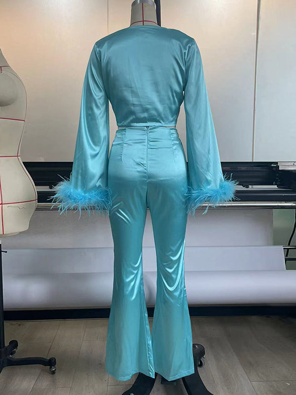 Long Sleeves Fringed Knot Solid Color Deep V-Neck Shirts Top + High Waisted Split-Front Pants Bottom Two Pieces Set