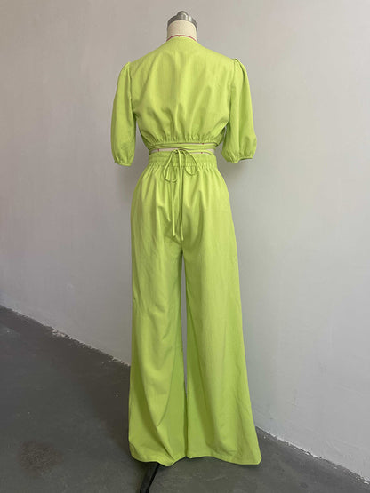 Half Sleeves Elasticity Solid Color Tied V-Neck T-Shirts Top +High Waisted Pants Bottom Two Pieces Set