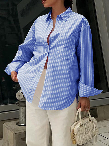Long Sleeves Loose Buttoned Contrast Color Pockets Striped Lapel Blouses&Shirts Tops
