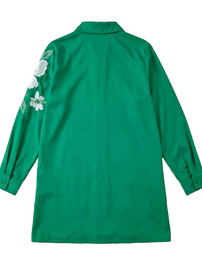High-Low Long Sleeves Buttoned Flower Print Lapel Blouses&Shirts Tops