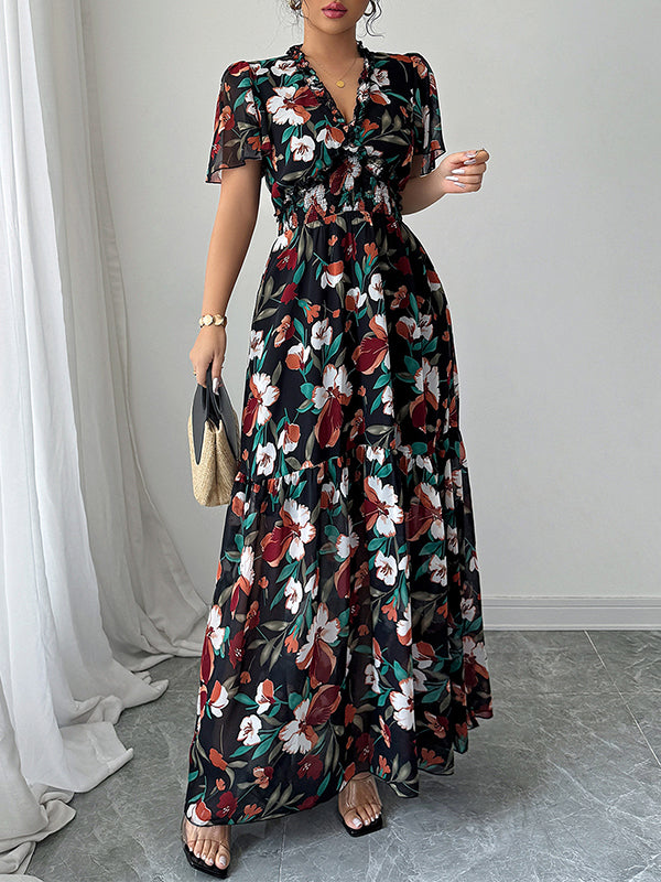 A-Line Loose Contrast Color Elasticity Flower Print Pleated V-Neck Maxi Dresses