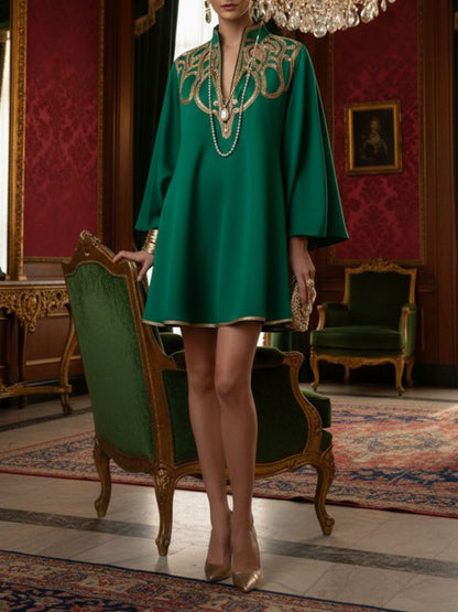 A-Line Long Sleeves Contrast Color Printed Split-Joint Stand Collar Mini Dresses