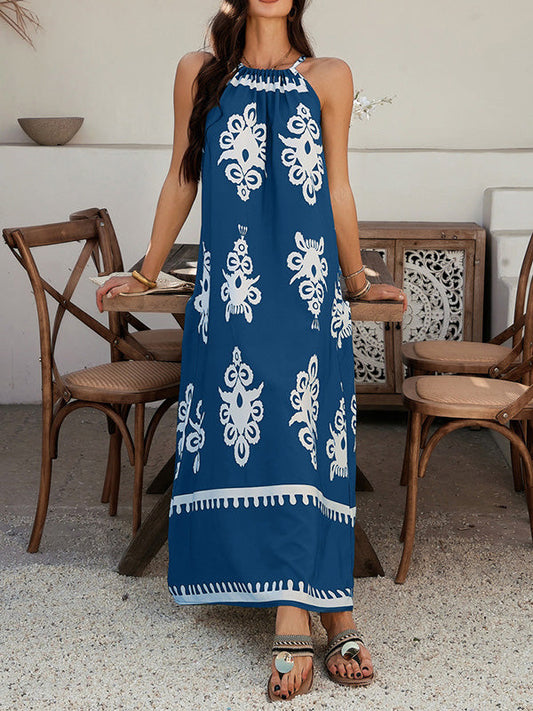A-Line Loose Contrast Color Halter-Neck Maxi Dresses