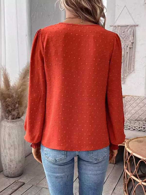 Loose Puff Sleeves Elasticity Hollow Jacquard Solid Color Split-Joint V-Neck Blouses&Shirts Tops