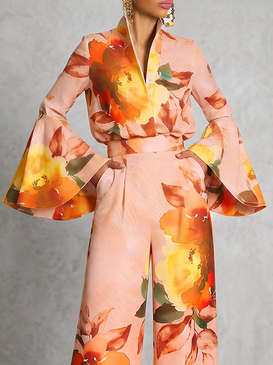 Pleated Flower Print Contrast Color Long Sleeves Flared Sleeves V-neck Blouses&shirts Tops