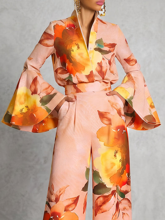 Pleated Flower Print Contrast Color Long Sleeves Flared Sleeves V-neck Blouses&shirts Tops