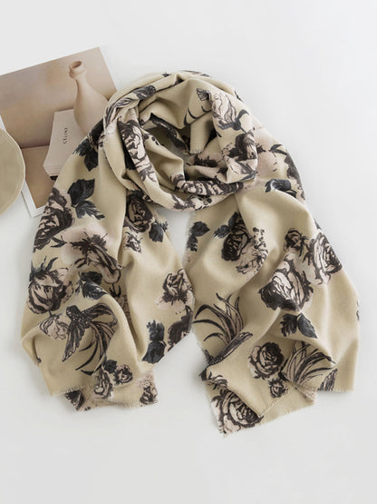 Flower Print Keep Warm Tasseled Shawl&Scarf