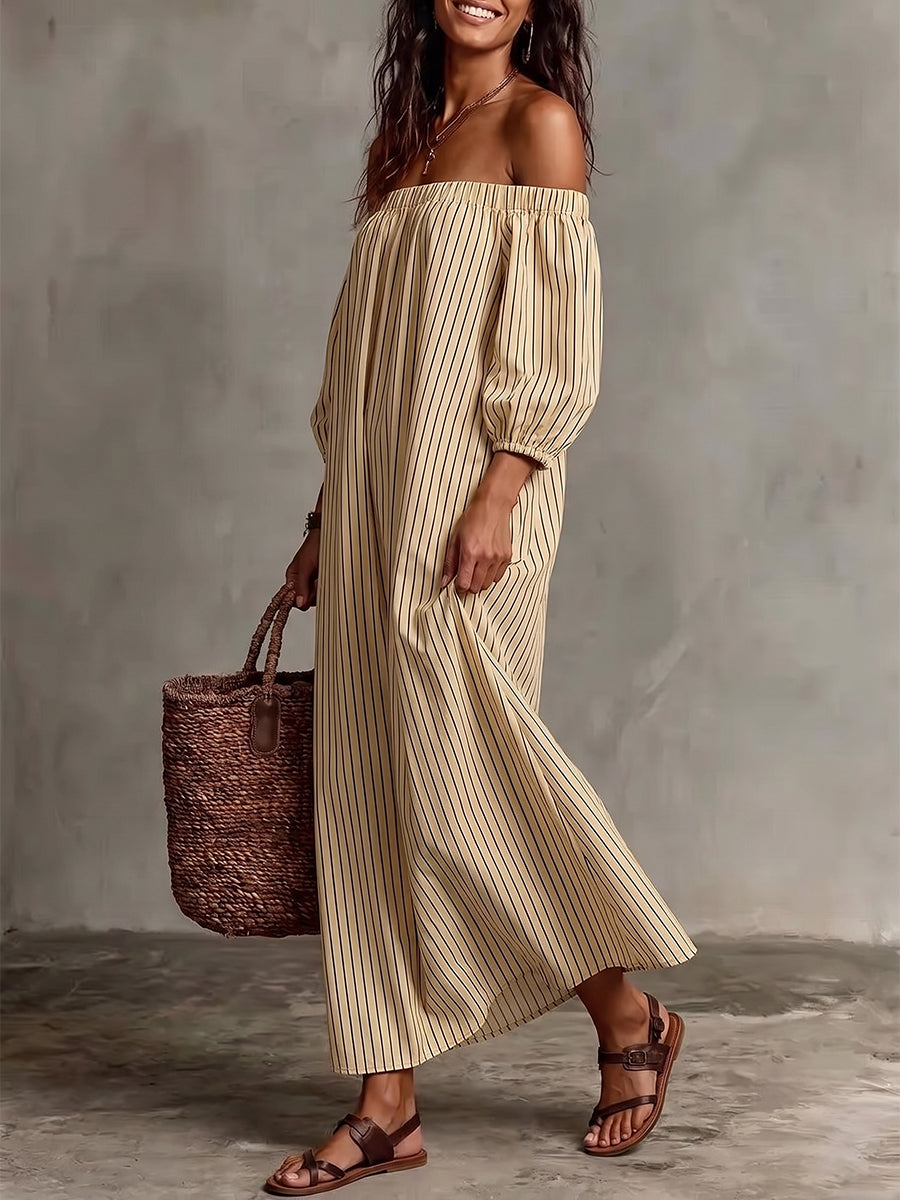 Striped Pockets Elastics Three-quarter Sleeves Plus Size Off-the-shoulder Midi Dresses
