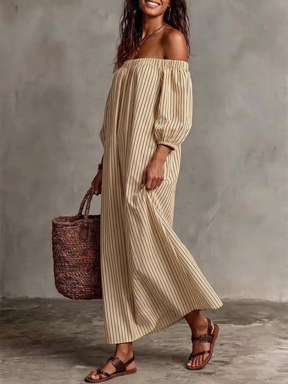 Striped Pockets Elastics Three-quarter Sleeves Plus Size Off-the-shoulder Midi Dresses