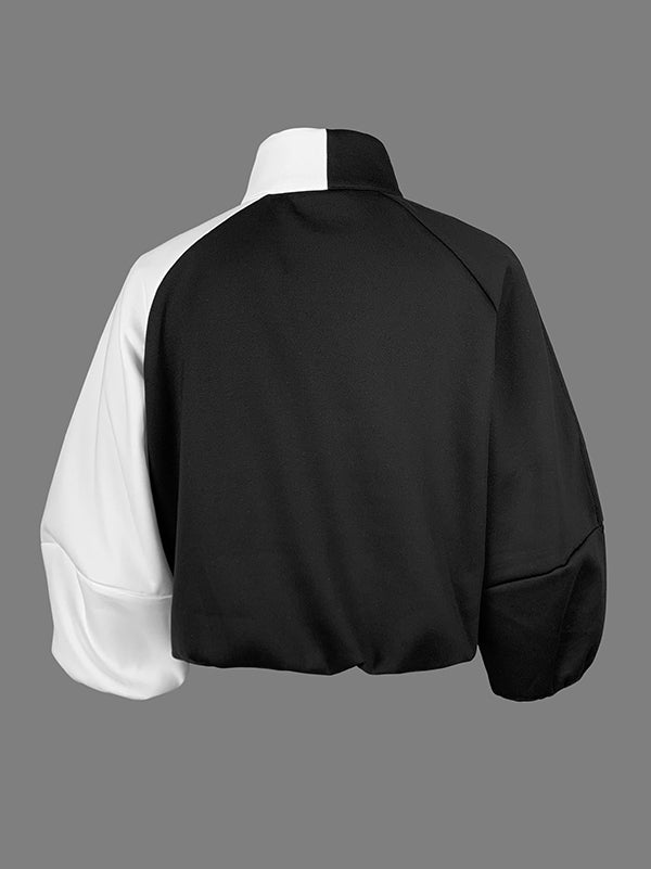 Loose Puff Sleeves Contrast Color Split-Joint Stand Collar Outerwear